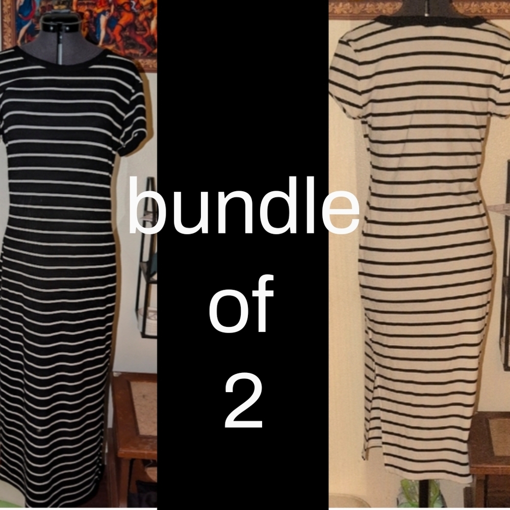 Striped Short-Sleeve Midi Dress - Black/White - Bundle of Two